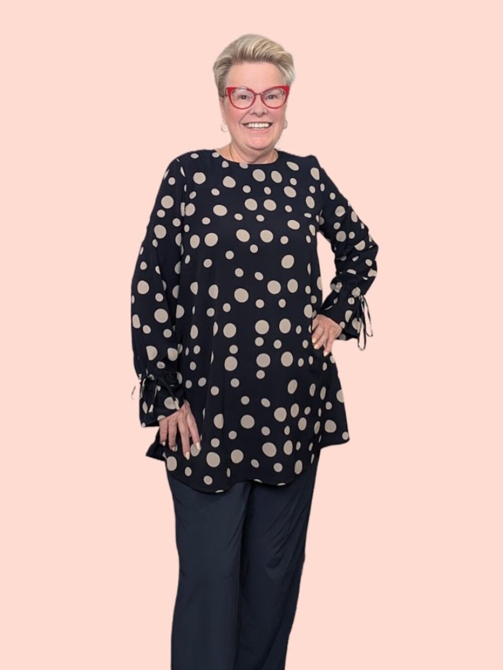 Nygård Navy & Beige Polka Dot Tunic Blouse | Size Medium | Tie Sleeve